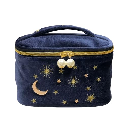 Women Navy Velvet Embroidery Cosmetic Makeup Bag, Applique Moon Stars Pattern Make Up Bag, High Capacity Toiletry Pouch Clutch Bag for Travel (Navy B)