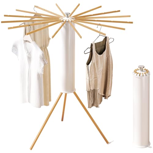 Foldable Tripod Clothes Drying Rack with 16 Beechwood Arms - Wooden Poles