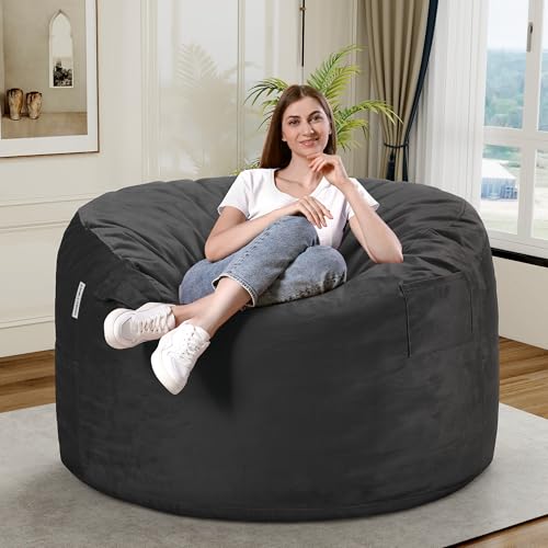 Silver Grey 3ft Velvet Bean Bag Chair with Memory Foam - Adult Lazy Sofa
