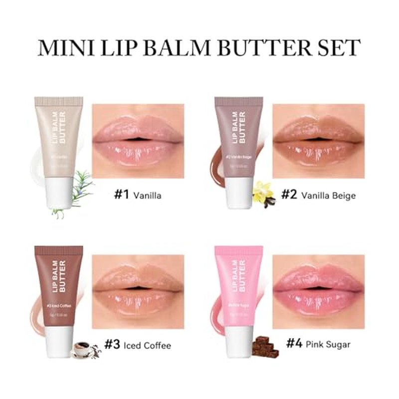 4Pcs Hydrating Lip Gloss Set, Mini Lip Balm Pack, High Shine Glass Finish Lip Moisturizing Plumping Lip Gloss Shiny Jelly Liquid Lipstick for Women