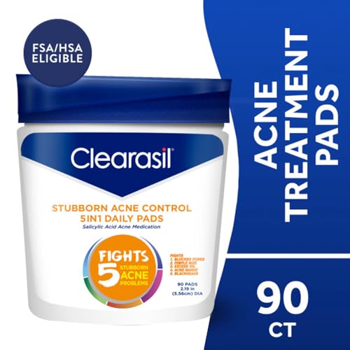 Clearasil Stubborn Acne Control 5-in-1 Daily Facial Cleansing Pads Pack of 3 - 90 Count Each