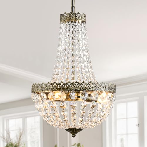 Mini Crystal Chandelier Pendant Light 19.7 H x 12.6 W Vintage Farmhouse Ceiling Fixture for Bathroom Living Room Bedroom Antique Brass E12