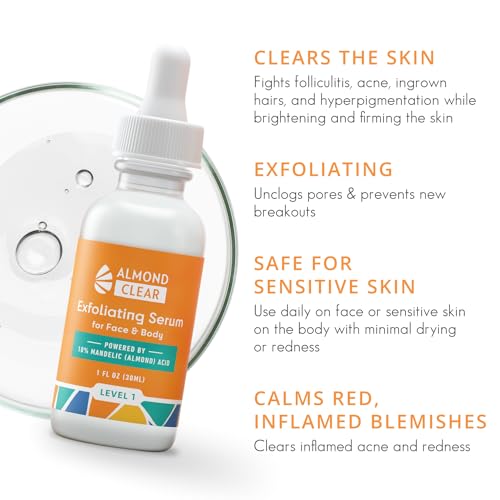 Almond Clear Level 1 Serum | Mandelic Acid Facial Serum for Acne, Folliculitis, Aging Skin, Ingrown Hairs, Dark Spots on Face, Chest, Butt, Back, Thighs, Arms | 4oz