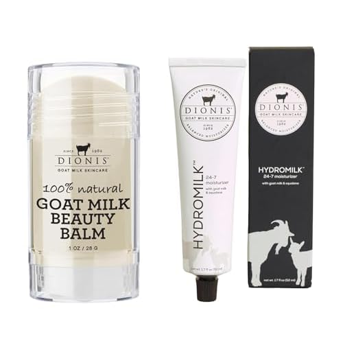 Dionis Goat Milk Skincare Bundle - Hydromilk 24-7 Moisturizer (1.7 fl oz) & Multi-Purpose Hydrating Beauty Balm (1 oz), Deep Moisturizing and Nourishing Skincare, Cruelty-Free and Paraben-Free