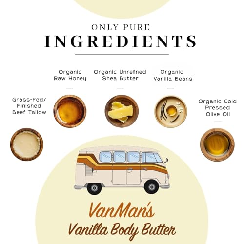 Vanman's Whipped Tallow Vanilla Body Butter 2.9 oz - Organic Shea & Honey Moisturizer - Pack of 1