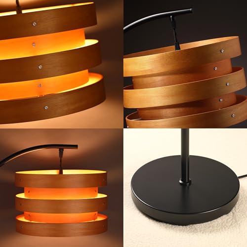 O’Bright Strata Wooden Floor Lamp - Mid Century Modern Standing Lamp with Layered Horizon Shade - Black & Light Oak