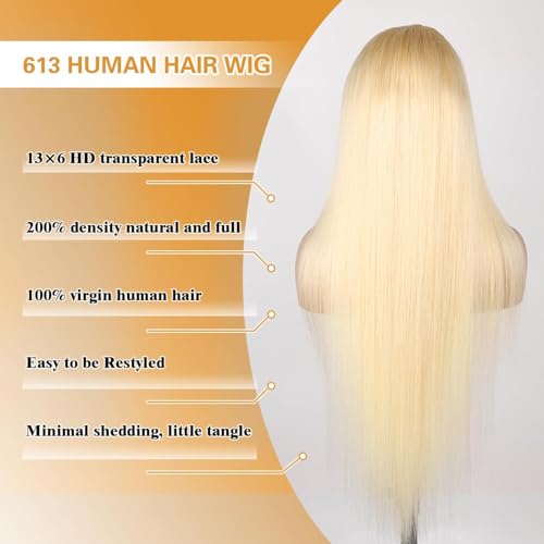 Goalroya Blonde Straight 26 Inch 613 Human Hair Lace Front Wig, 200% Density, Pre-Plucked, HD 13x6 Frontal