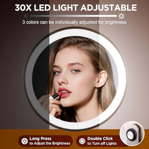 Makeup Mirror with Light, 30x Magnifying Mirror with 3 Lights Colors, 5000mAh Vanity Mirror Brushed Nickel - 360¡Æ Rotation, Brightness Adjustable Magnification, Modern Style Side Touch + Side Charge