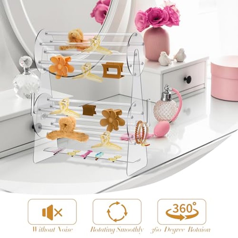 2-tier Acrylic Claw Clip Holder 360 Degree Rotating Claw Clip Organizer Hair Accessories Organizer Storage Display Clear Stand for Women Vanity Dressing Table(Round Style)
