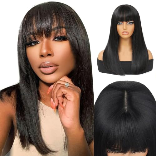 Black Short Straight Bob Wig with Bangs - 16 Inch Synthetic Hair for Women - Variation: Black