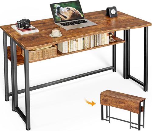 Rustic Brown Folding Desk with Storage Shelf - 39.4 Inch Compact Computer Table