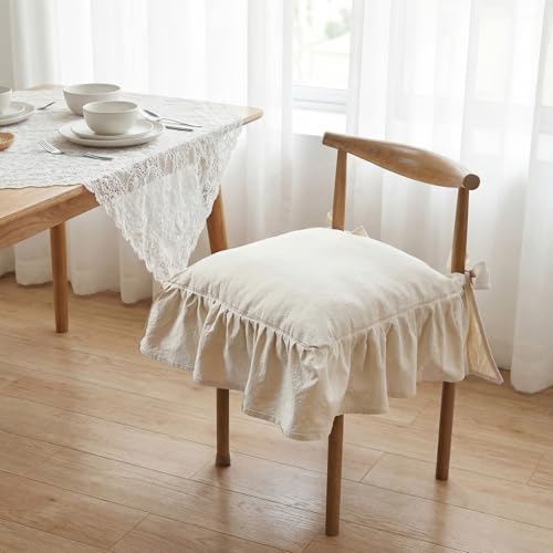 French Ruffled Chair Cushion Covers Set 6 Retro Cream White No Padding - Tie-On Slipcovers