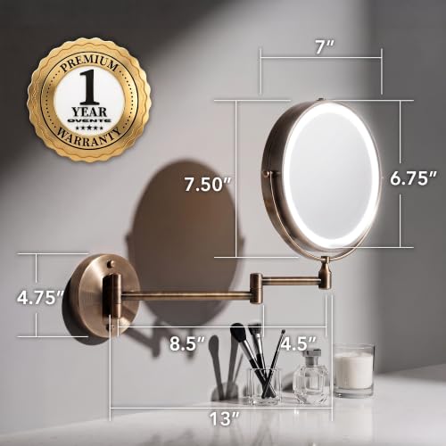 Wall Mounted Lighted Makeup Mirror - 7 Inch, 8.5 x 6.8 Inches, 7X Magnification, Antique Bronze