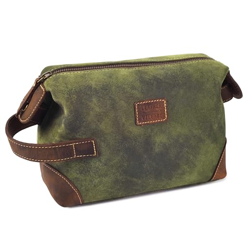 LEATHER VILLAGE Genuine Leather Dopp Kit for Men & Women ? Travel Vintage Toiletry Bag with Waterproof Lining, Shaving & Bathroom Essentials Organizer - Green
