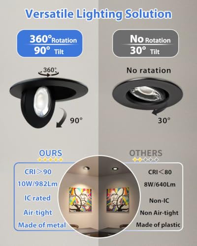 Adetu 6 Pack 4-Inch Black Gimbal LED Recessed Lights 10W 95W Equiv. Dimmable