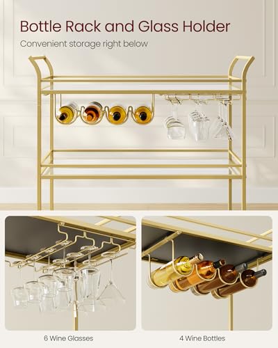 VASAGLE Gold Bar Cart with Mirrored Glass Shelves, 3-Tier Large Serving & Wine Storage