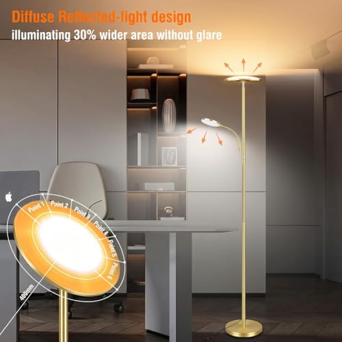 Brushed Gold Floor Lamp with Articulated Reading Light - 44W/4500LM Stepless Dimmable Standing Lamp for Living Room & Office