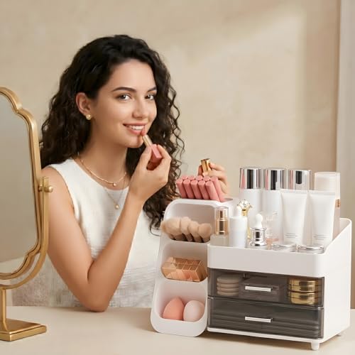 Makeup Organizer for Vanity with Brush Holder and Drawers - White - Brothersbox