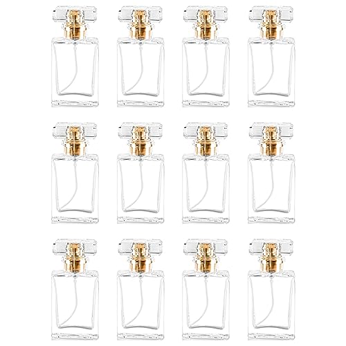 Glass Perfume Bottle Empty Refillable 12Pack Clear Travel Perfume Spray Atomizer Bottle 30ml Perfume Fine Mist Spray Perfume Bottle Atomizer Container with Sprayer Applicator (Clear Square 30ml 12PCS)