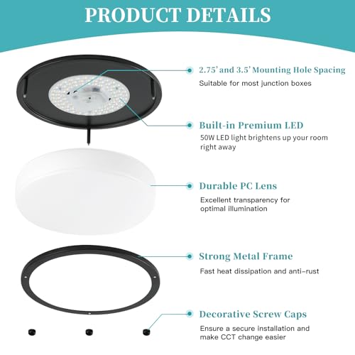 Black 16-Inch LED Ceiling Light Fixtures 50W Dimmable 5CCT Adjustable Pack of 2