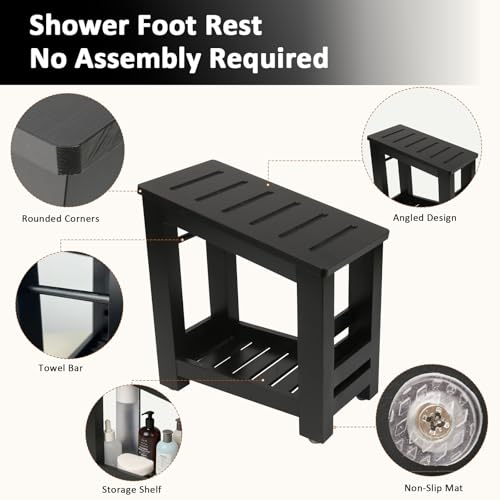Bamboo Shower Foot Rest Stool for Shaving Legs & Pedicure, Non-Slip Bathroom Foot Step with Storage Pocket, Solid & Water-Resistant,Natural (Black)