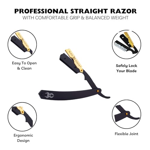 Professional Straight Razor for Men - Matte Black & Gold Finish with 10 Blades