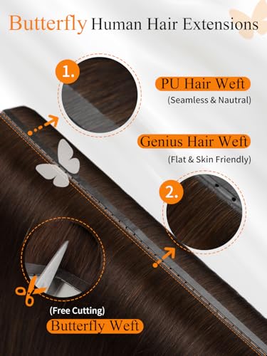 YILITE Dark Brown Butterfly Hair Extensions 14 Inch Human Remy Hair #2 40g