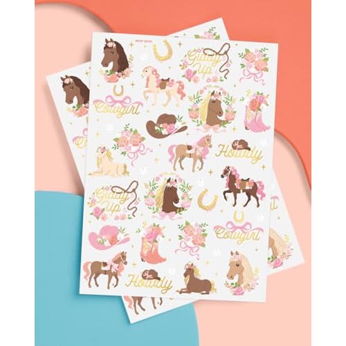 xo, Fetti Pink Horse Girl Temporary Tattoos - 52 Gold Foil Pcs | Cute Cowgirl Birthday Accessory, Pony Bachelorette Party Favor, Cute Kids Activity