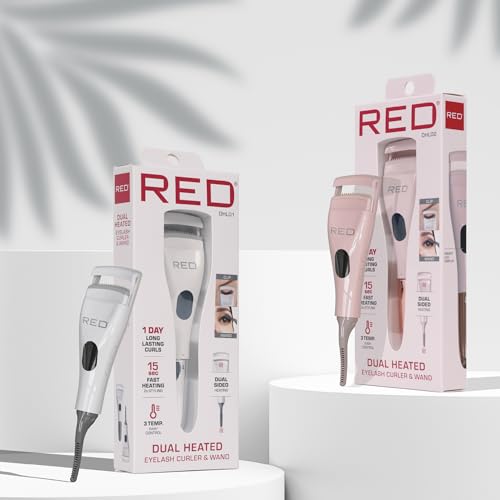 Red by Kiss Dual Heated Eyelash Curler & Wand (2-in-1), Fast Heat Mini Travel Electric Lash Curler with USB-C, Silicone Comb, LED Display, 24 Hours Long Lasting, 3 Heating Mode (White)