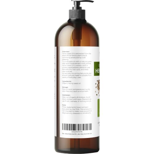 Velona USDA Organic Hemp Seed Oil - 32 Fl Oz Cold Pressed with Pump - Organic Hemp Oil