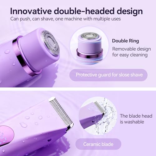 Bikini Trimmer for Women Electric?Double Head Dual Purpose, Ceramic Blade,IPX7 Waterproof,LCD Power Display,USB Rechargeable,Wet/Dry Painless Hair Removal for Face & Body (Violet)