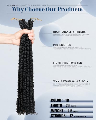 Pre-Looped Passion Twist Crochet Hair Extensions 20 Inch - 8 Packs, Natural Black, Easy Install