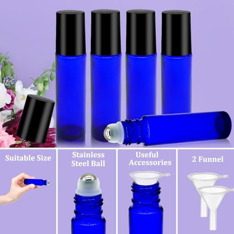 25 Pcs Essential Oil Roller Bottles 10ml Empty Glass Roller Bottles with Stainless Steel Roller Balls Protection Leakproof with 2 Funnel for Travel, Roller Balls For Essential Oils(Blue)