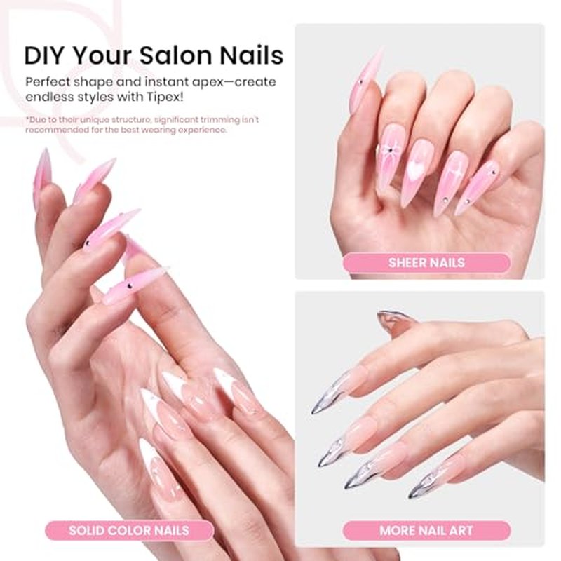 Beetles Tipex Instant Apex Nail Tips Kit, Stiletto Long, 224pcs 16 Sizes, with Tipex UV Nail Glue Mini Nail Lamp,Pre-Building Pre-Etched Strong Thicker Acrylic Nail Tips Set