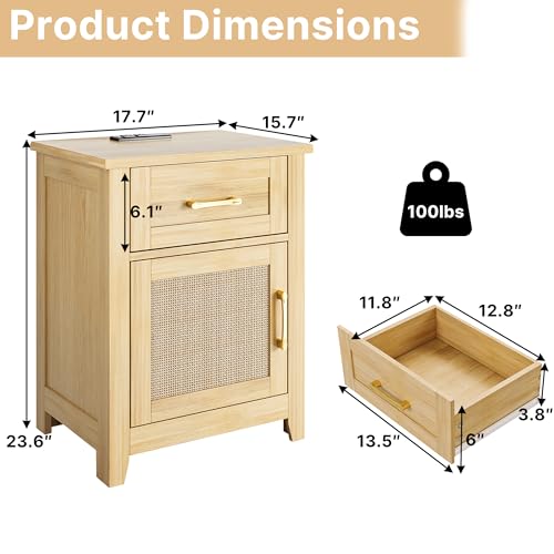 Decofy Rattan Nightstand Set of 2 with Charging Station, Drawer & Cabinet - Natural Boho Style