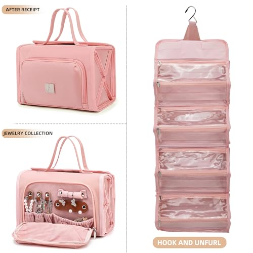 ROYALFAIR Roll Up Makeup Bag, Waterproof Toiletry Bag for Women, Hanging Travel Organizer bags with Jewelry Organizer Compartment, Extra Large 4 Clear TSA Approved Pouches Cosmetic Makeup (light red)