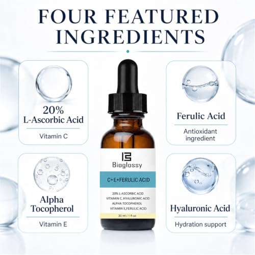 Bioglossy C+E+Ferulic Acid Vitamin C Serum for Face - Anti-Aging, Hydrating, 1 Fl Oz