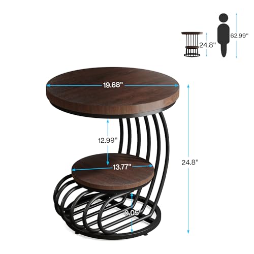 Rustic Brown Round End Side Table with 2-Tier Storage - Arc-Shaped Frame