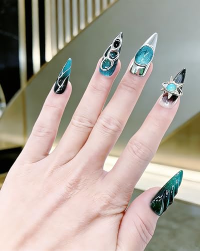 Long Stiletto Fake Nails with Blue Black Chrome & 3D Star Charm - Reusable Gothic Nail Tips (A036, S)