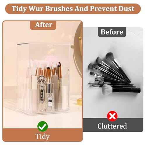 Acrylic Makeup Brush Holder with Slanted Flip-Top Lid - Clear Dustproof Cosmetic Make up Brush Organizer and Storage Box - Large Capacity 17-Slots Container for Vanity Brushes (Transparent)
