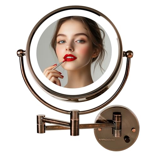 OVENTE Wall Mounted Lighted Makeup Vanity Mirror, 9" Hard Wired Double Sided 1X/7X Magnifying Bathroom Mirror, Dimmable LED Lights, 360¡Æ Rotation and 14" Extendable Arm, Antique Brass MPWD3185AB1X7X