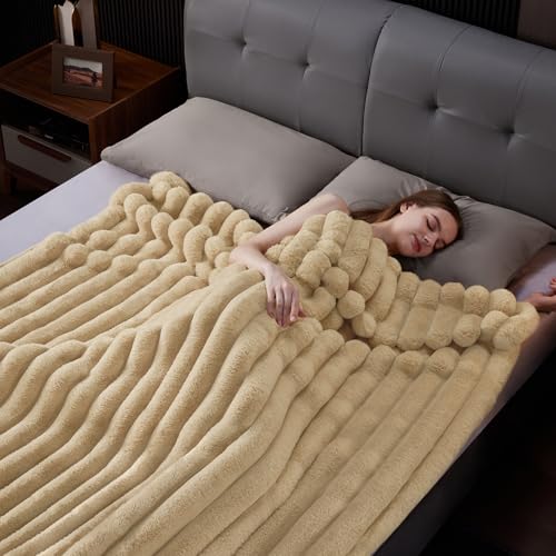 HaloRest Faux Fur Throw Blanket Beige 80x90 Inches - Thick, Plush, Double-Sided Warm Blanket