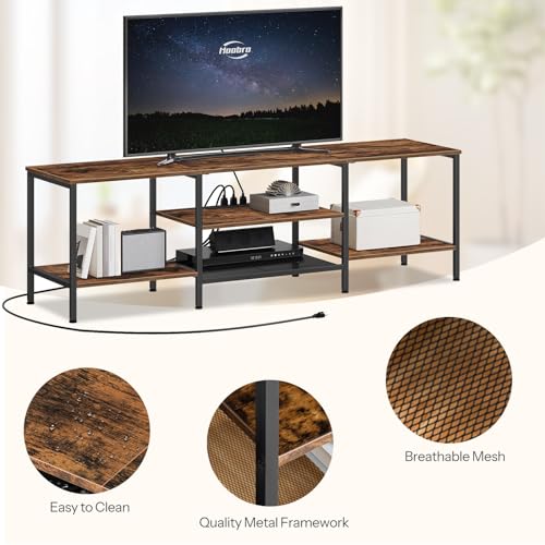 63 Inch Rustic Brown & Black TV Stand with Power Outlets - Open Storage Shelves
