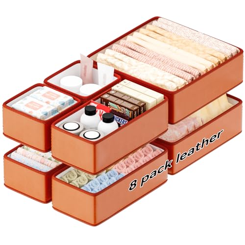 Vegan Leather Drawer Organizers Set - 8 Pack Makeup & Vanity Storage Boxes