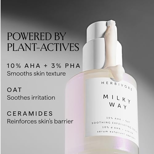 HERBIVORE Milky Way 10% AHA + Oat Soothing Exfoliating Serum ? Multitasking Instant Glow Formula with Ceramides & Hyaluronic Acid, Plant-based, Vegan, Cruelty-free, 30mL / 1 oz