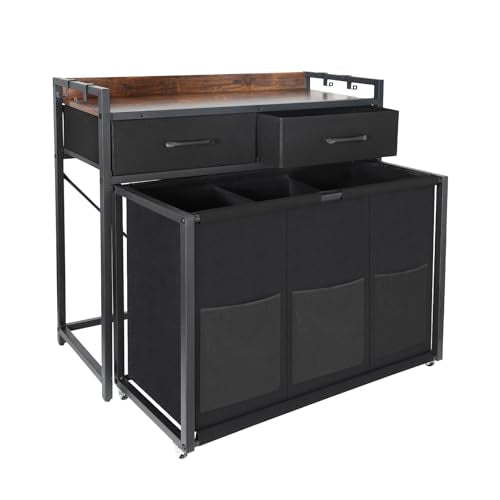 Rolling Laundry Sorter with Wheels 3-Section Hamper, 120L Capacity, with Shelves and Drawers