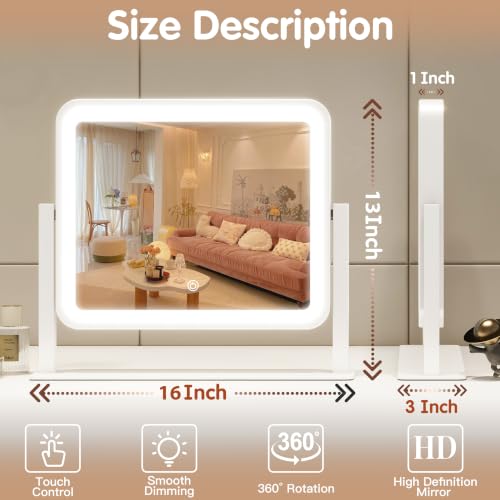 White 16x13 Inch Lighted Vanity Mirror with Touch Control & 3-Color Modes