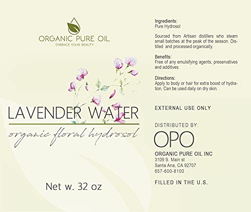 Lavender Hydrosol Water 32oz - Pure Steam Distilled Calming Facial Toner & Aromatherapy