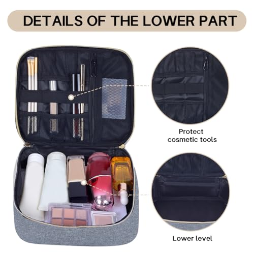 Double Layer Makeup Bag with Adjustable Dividers - Gray Gold, Travel Cosmetic Organizer