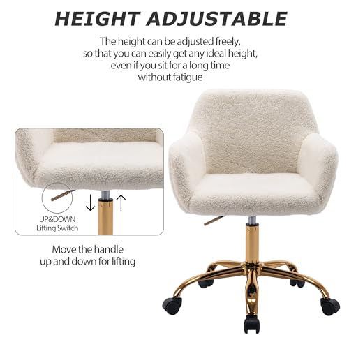 Faux Fur Office Desk Chair with Wheels and Adjustable Height - White with Gold Base Variation